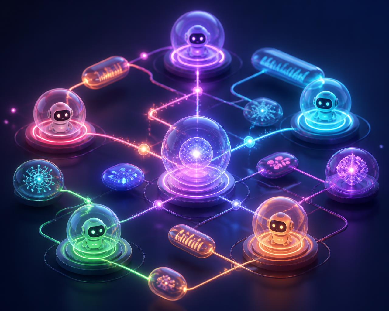 Network of connected AI agents and workflow nodes glowing in violet, cyan, and coral